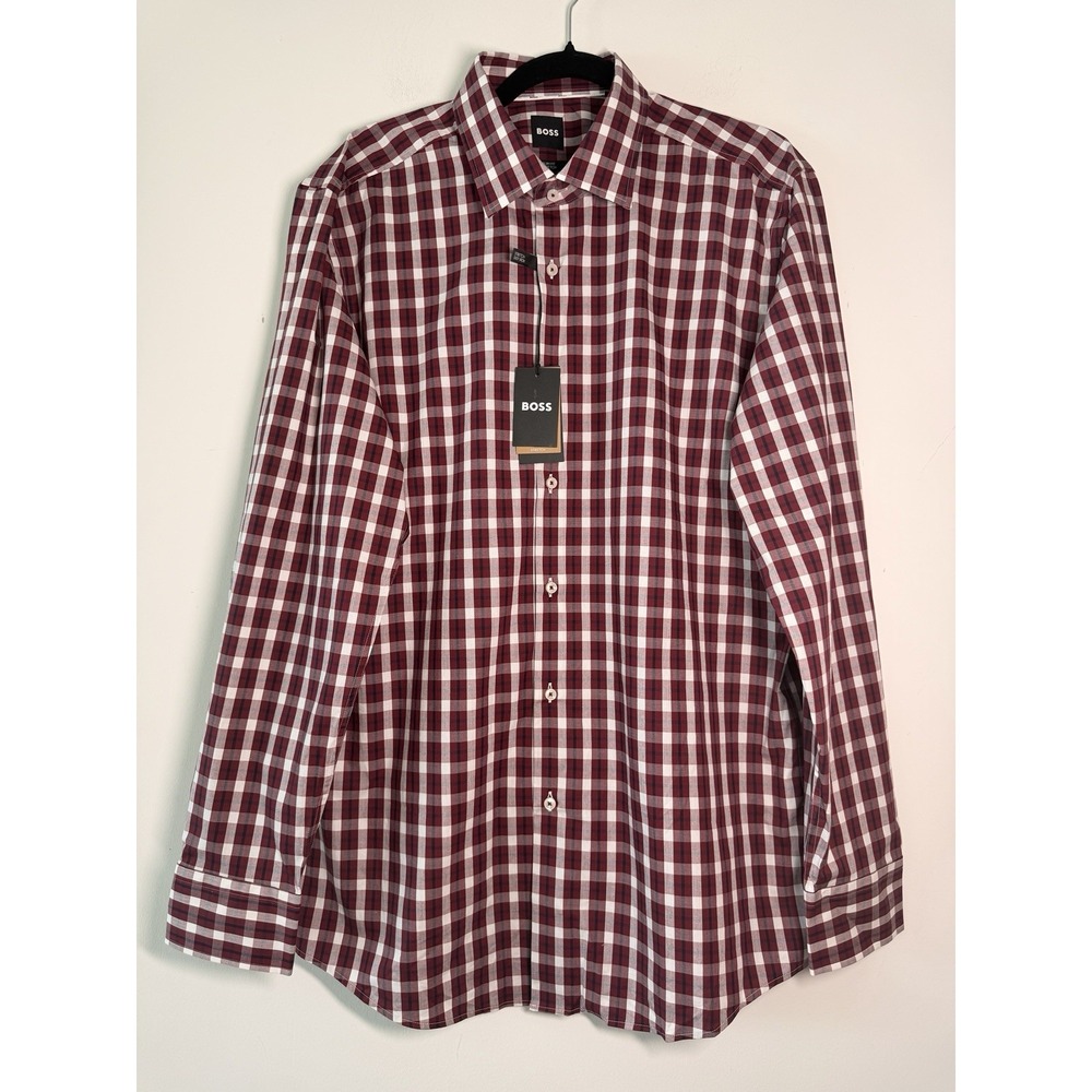 Hugo Boss H-HANK Slim Fit Dress Shirt 17.5 44 Burgundy Plaid Check Stretch